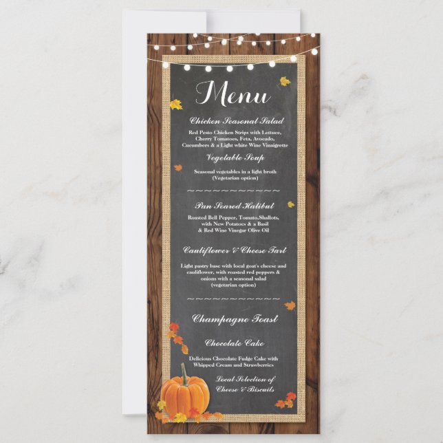 Menu Wedding Reception Rustic Wood Pumpkin Fall Invitation (Front)