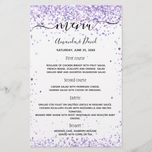 Menu wedding violet white glitter script