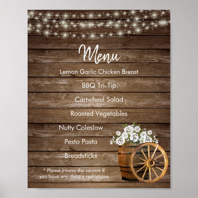 Menu -  Wood Barrel with White Flowers Poster (Front)