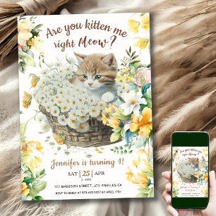 Meow! 1st Birthday Girl Floral Cute Kitten Invitation