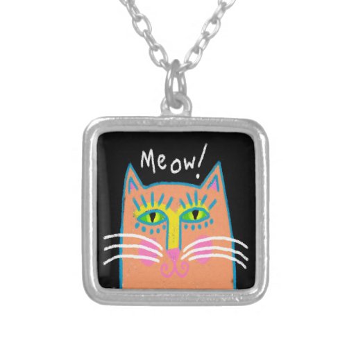 Meow! Abstract Cat Art to Wear Silver Plated Necklace