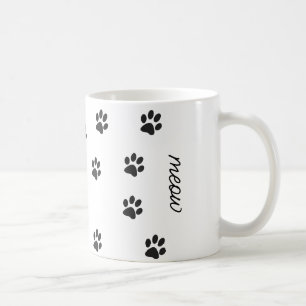 Meow and cat paws black white coffee mug