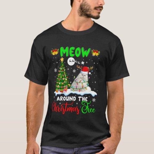 Meow Around Christmas Tree Cute Santa Reindeer Cat T_Shirt
