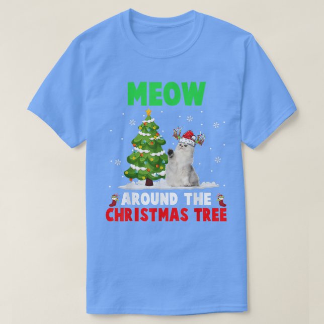 Meow Around Christmas Tree Santa Reindeer Cat  T-Shirt (Design Front)