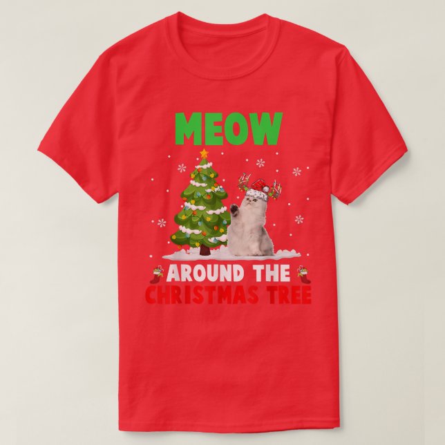 Meow Around Christmas Tree Santa Reindeer Cat  T-Shirt (Design Front)