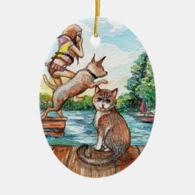 Meow at Cottage Dock Ceramic Ornament (Front)