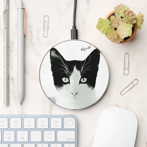 Meow Black and White Cat Kitten Sketch Wireless Charger