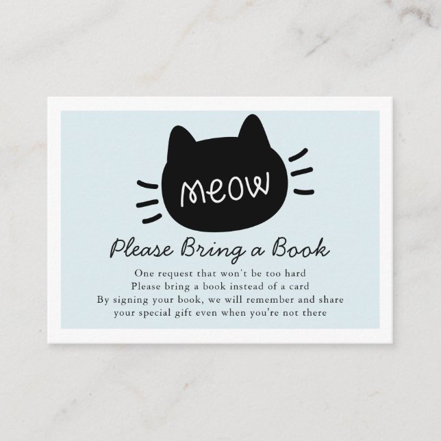 Meow Black Cat Face Blue Baby Shower Book Request Enclosure Card (Front)