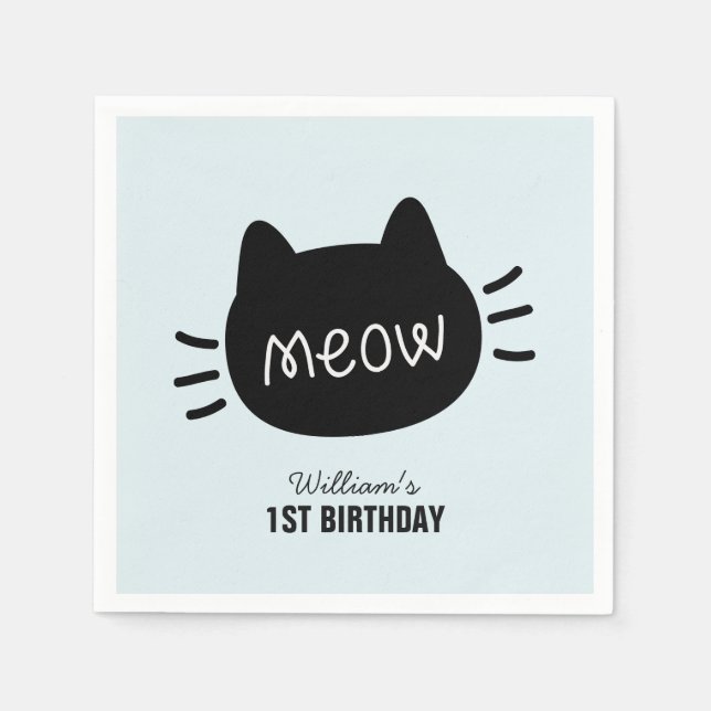 Meow Black Cat Face Blue Boy Birthday Napkins (Front)