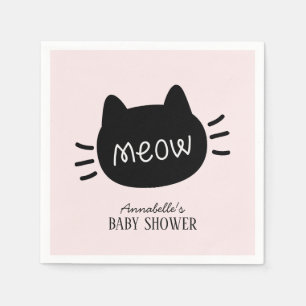 Meow Black Cat Face Pink Girl Baby Shower Napkins