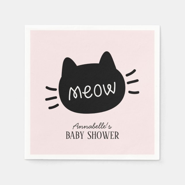 Meow Black Cat Face Pink Girl Baby Shower Napkins (Front)