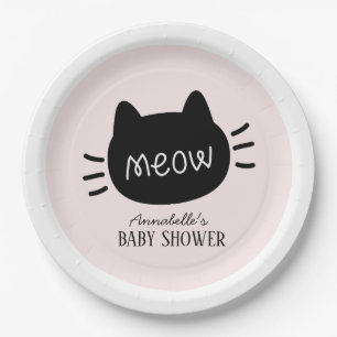 Meow Black Cat Face Pink Girl Baby Shower Paper Plates