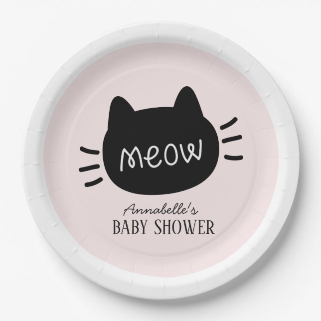Meow Black Cat Face Pink Girl Baby Shower Paper Plates (Front)