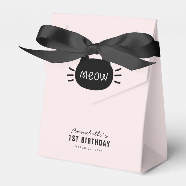 Meow Black Cat Face Pink Girl Birthday Favor Boxes (Front Side)