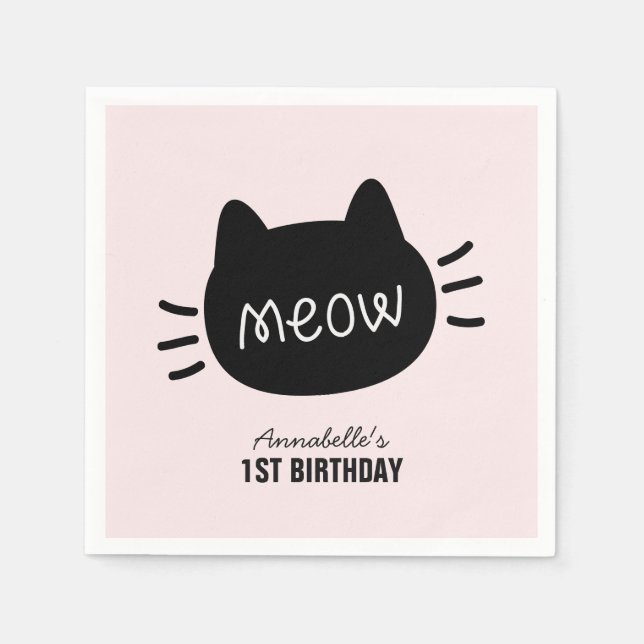 Meow Black Cat Face Pink Girl Birthday Napkins (Front)