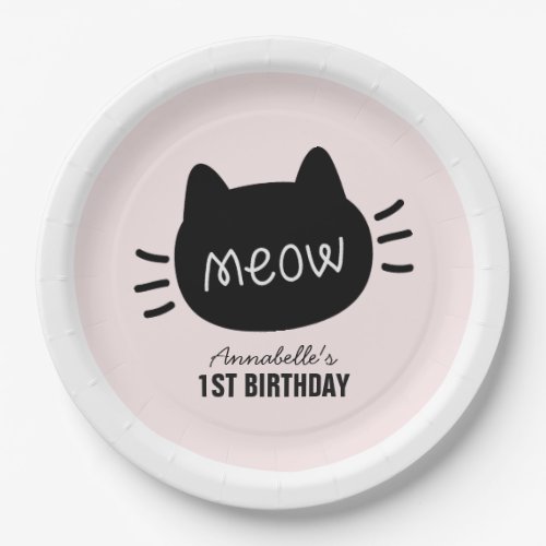 Meow Black Cat Face Pink Girl Birthday Paper Plates