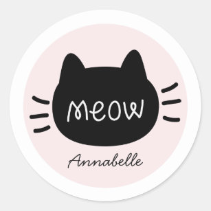 black face cat icon and text meow in the middle and white