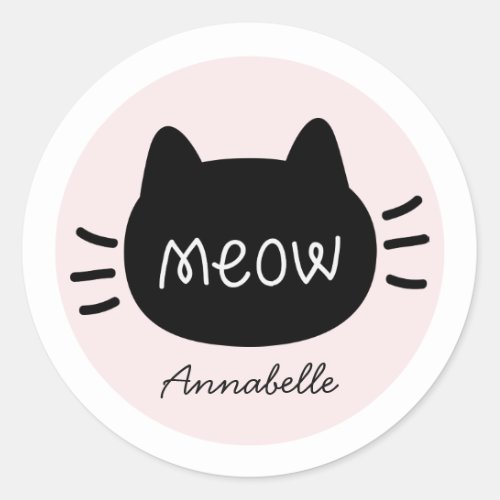 Meow Black Cat Face Pink Name Classic Round Sticker