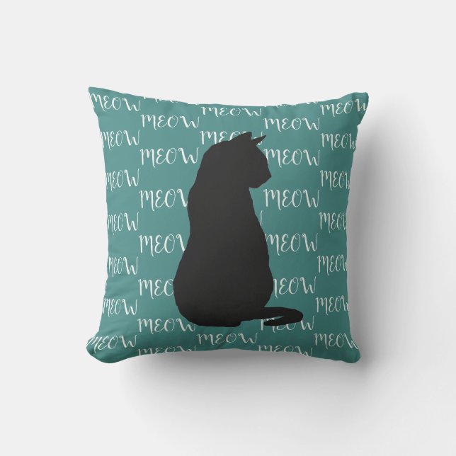 MEOW Black Cat Silhouette Cat Lover Throw Pillow (Front)