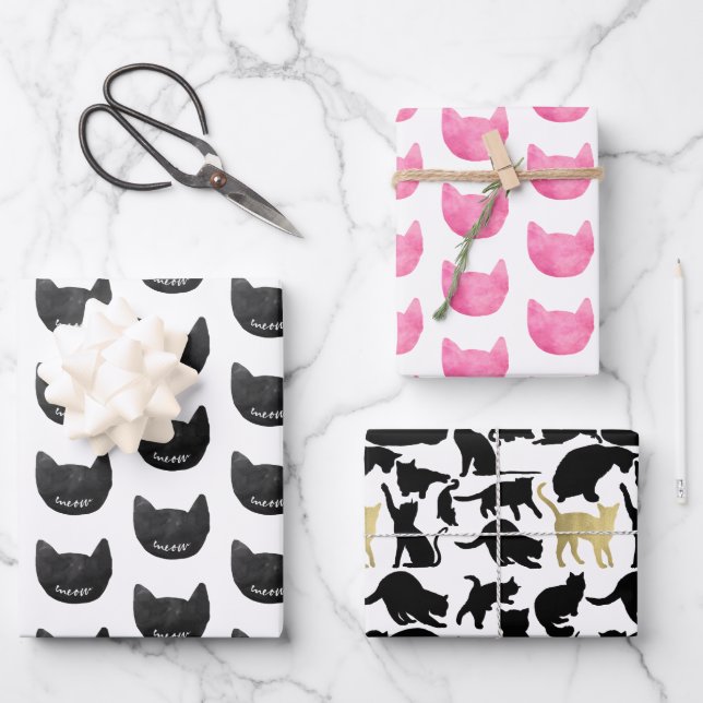 Meow Black Pink Gold Cats Birthday Wrapping Paper Sheets (Front)
