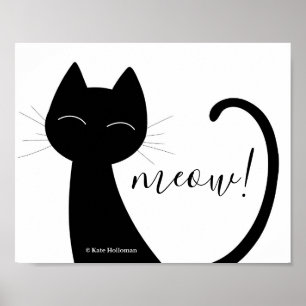 Meow! Cat Art Black silhouette Minimal B&W Poster