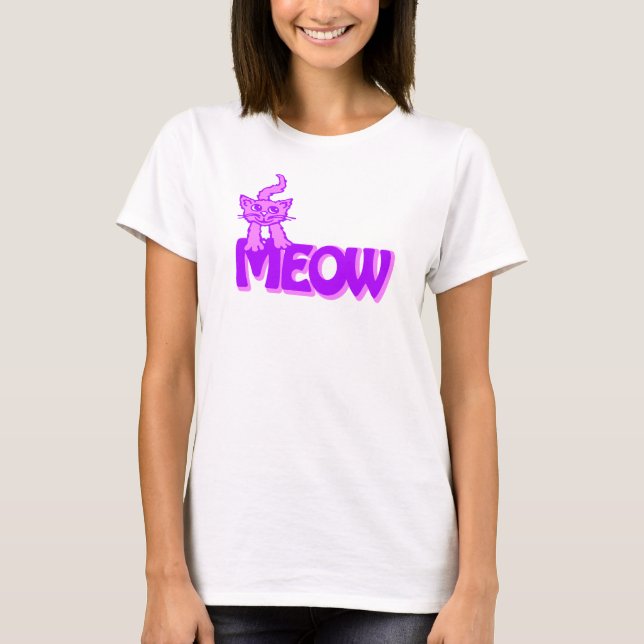 Meow cat graphic purple pink t-shirt (Front)