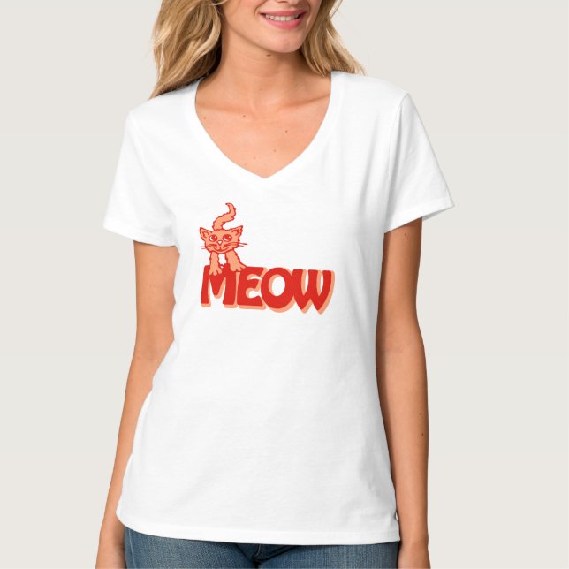 Meow cat graphic red orange t-shirt (Front)