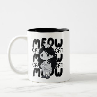 Meow Cat Lover Aesthetic Chibi Girl Illustration Two-Tone Coffee Mug