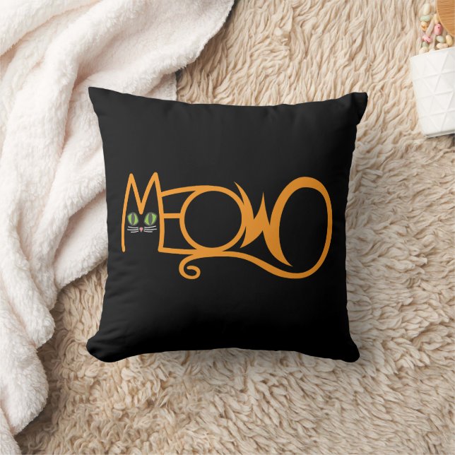 Meow Cat Typography ORANGE Throw Pillow (Blanket)