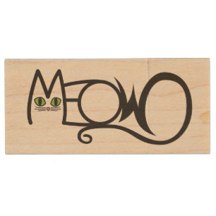Meow Cat Typography Wood Flash Drive