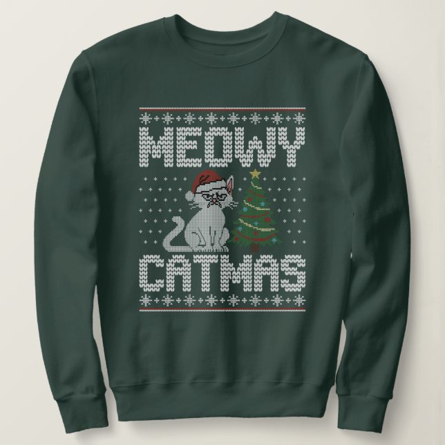 Meow Catmas - Knitted Ugly Christmas Cat Sweatshirt (Design Front)