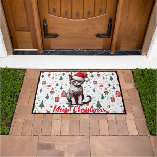Meow Christmas Devon Rex Cat, Xmas Santa Kitten Doormat