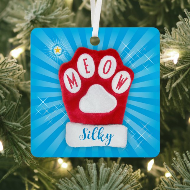 MEOW Christmas Santa Cat Red Mitten Stars Add Name Metal Ornament (Insitu)