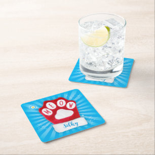 MEOW Customize Cat's Name Red Christmas Santa Paw Square Paper Coaster