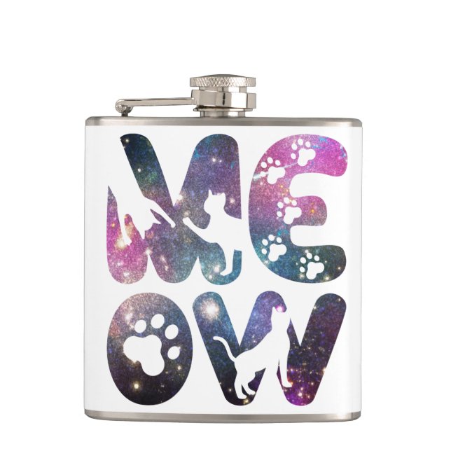 Meow – Cute Cat Silhouettes and Paw Prints Design Flask (Front)
