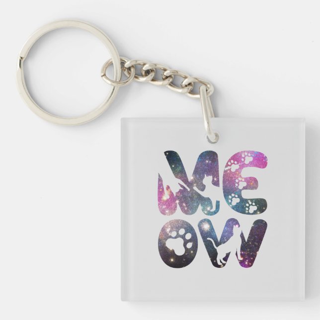 Meow – Cute Cat Silhouettes and Paw Prints Design Keychain (Front)