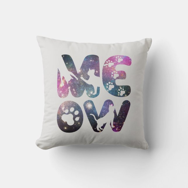 Meow – Cute Cat Silhouettes and Paw Prints Design Throw Pillow (Front)