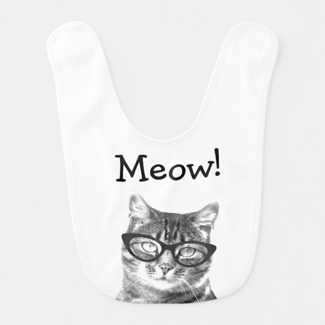 Meow! Cute cat with glasses baby bib (Front)