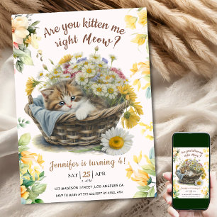 Meow! Cute Kitten Floral Kitty Cat 4th Birthday Invitation
