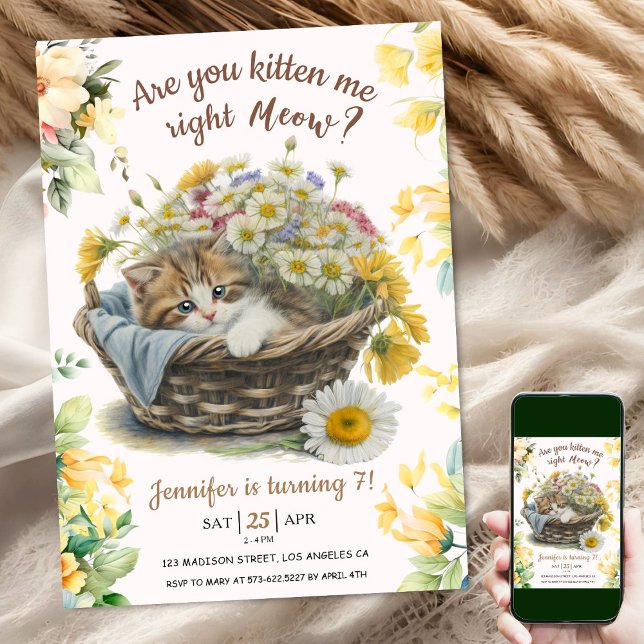 Meow! Cute Kitten Floral Kitty Cat 7th Birthday Invitation (Creator Uploaded)