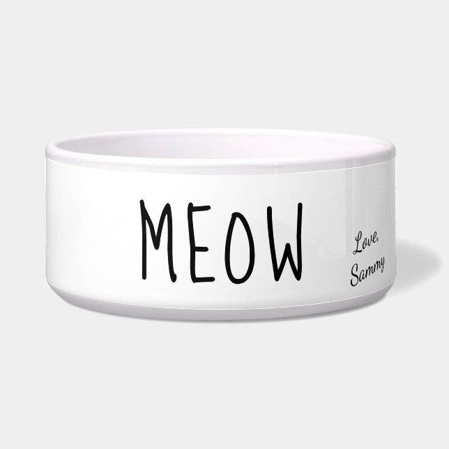 Meow Cute Text Black & White Personalized Pet Bowl (Front)