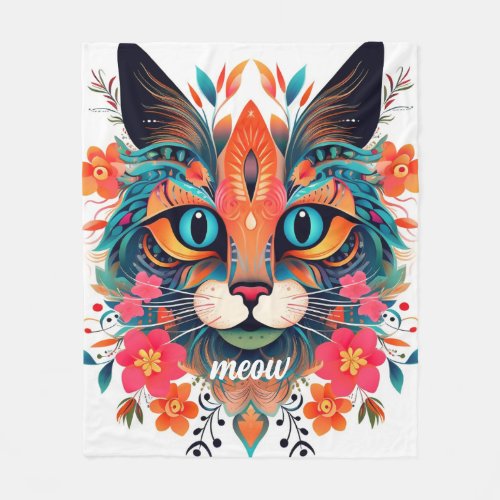 Meow Delight Red Blue Cute Floral Cat Fleece Blanket