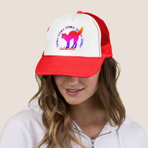 Meow Halloween Iconic Red Pink Blue Cat Silhouette Trucker Hat