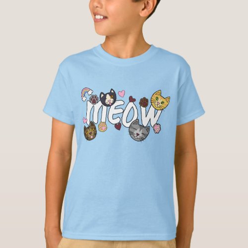 MEOW Heavenly Cute Doodle Cats Hearts and Paws T_Shirt