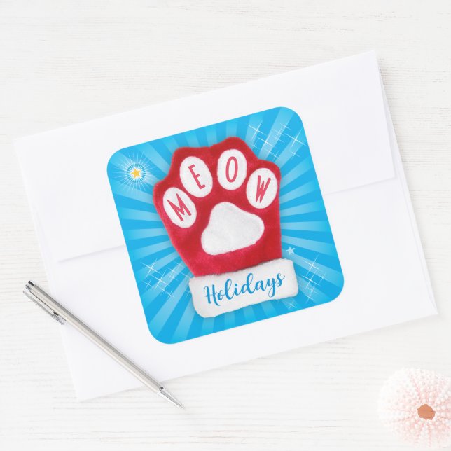 MEOW Holidays Cute Red Paw Christmas Cat Mitten Square Sticker (Envelope)