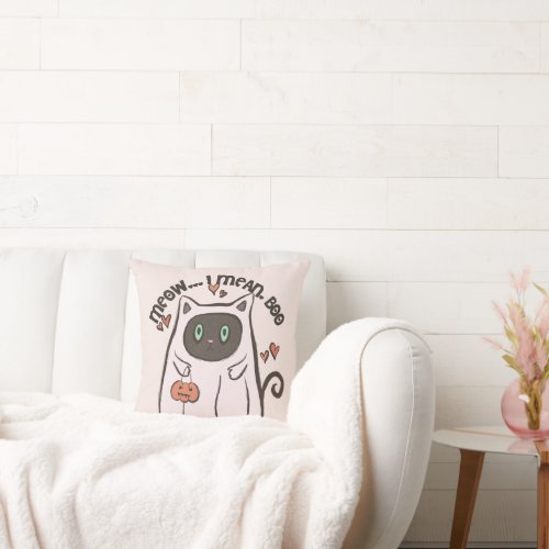 Meow I Mean Boo Black Cat Ghost White Halloween Throw Pillow