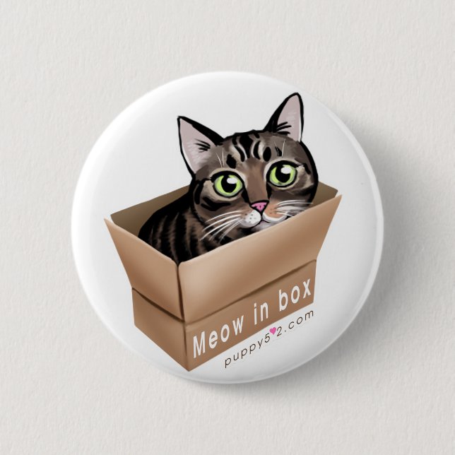 Meow in box pinback button (Front)