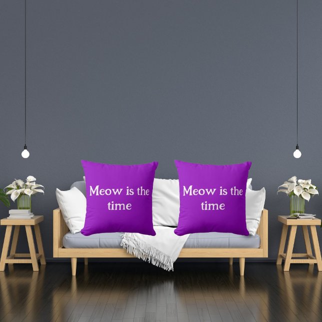 Meow Is The Time Funny Retro Animal Cute Purple Throw Pillow (Creator Uploaded)