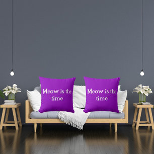 Meow Is The Time Funny Retro Animal Cute Purple Throw Pillow