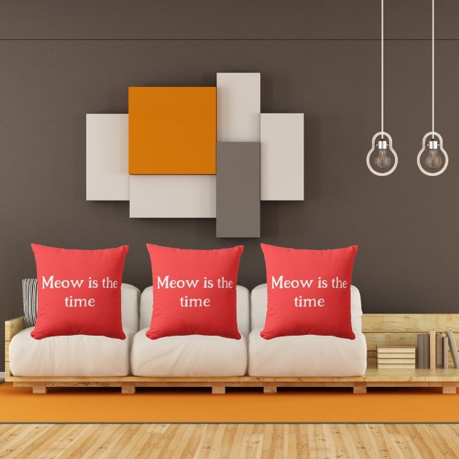 Meow Is The Time Funny Retro Animal Cute Red Throw Pillow (Creator Uploaded)